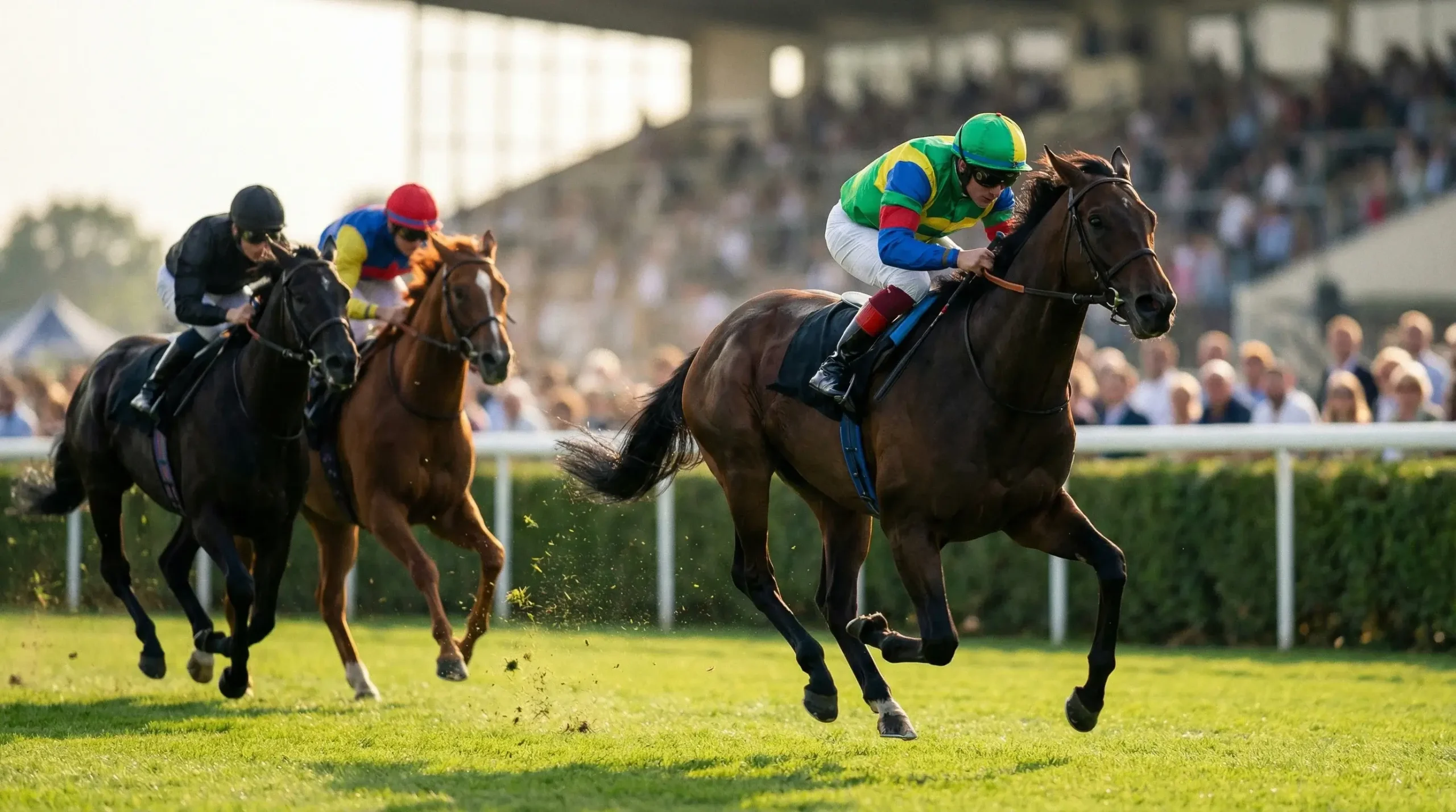 Cavalli al galoppo durante una corsa su pista in erba con i fantini in sella