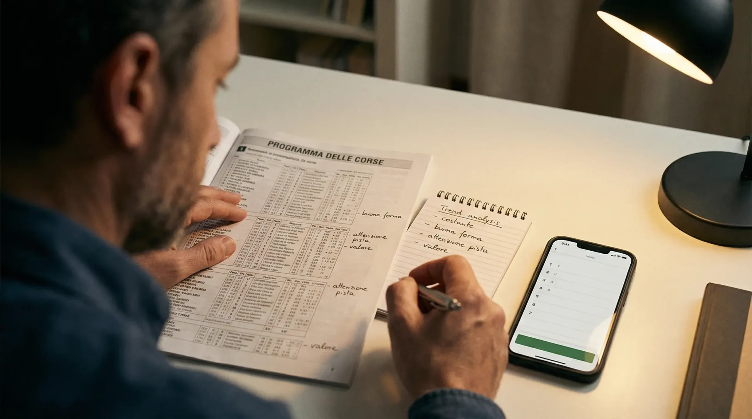 Scommettitore che analizza il programma delle corse dei cavalli