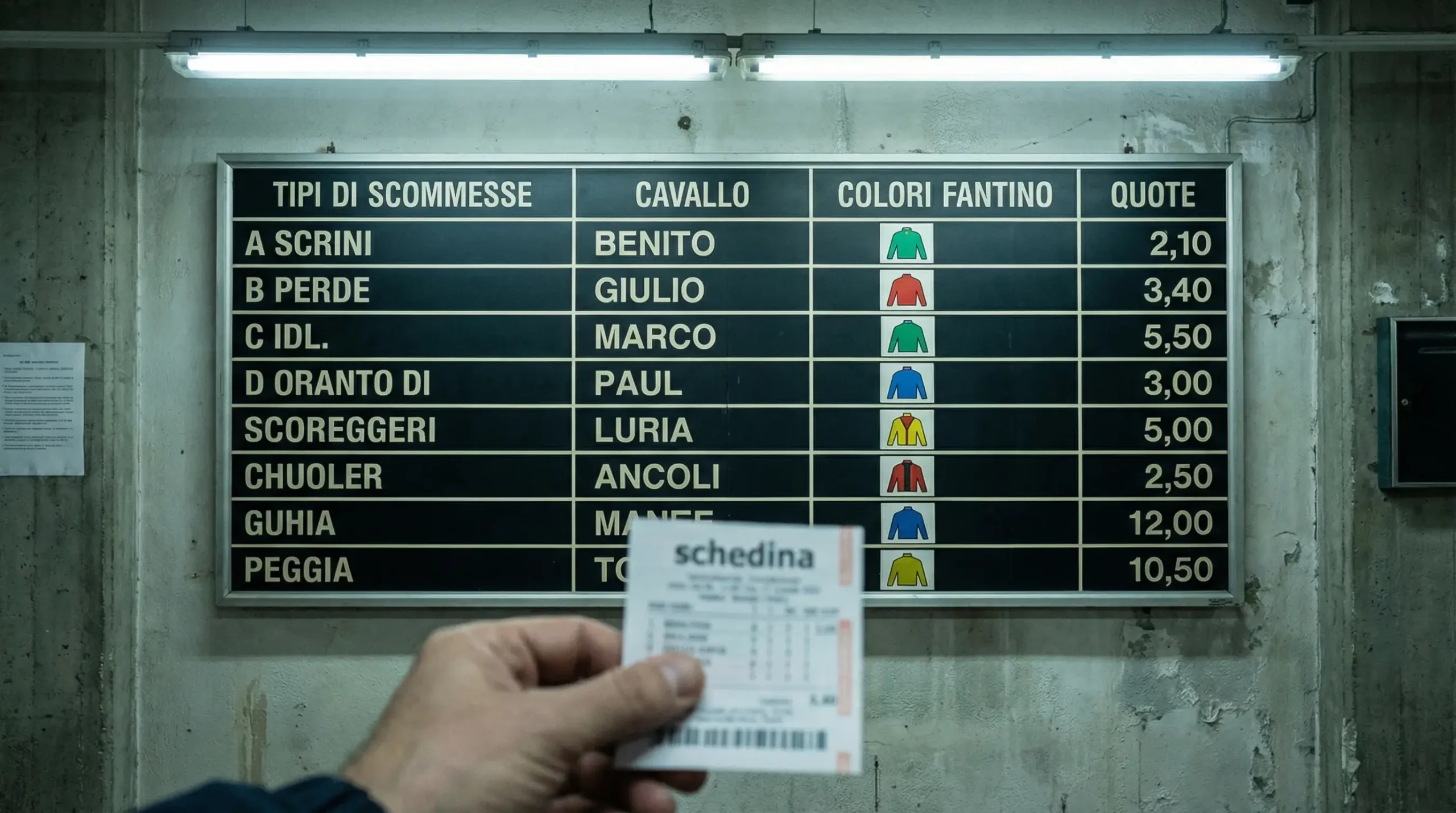 Tabellone delle scommesse ippiche con le quote dei cavalli in gara