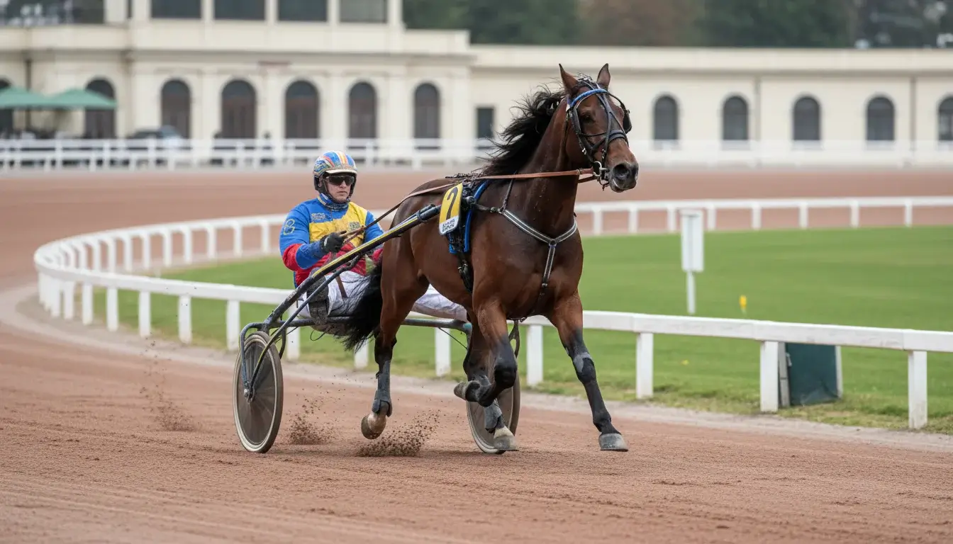 Corsa al trotto con sulky su pista in sabbia di un ippodromo italiano