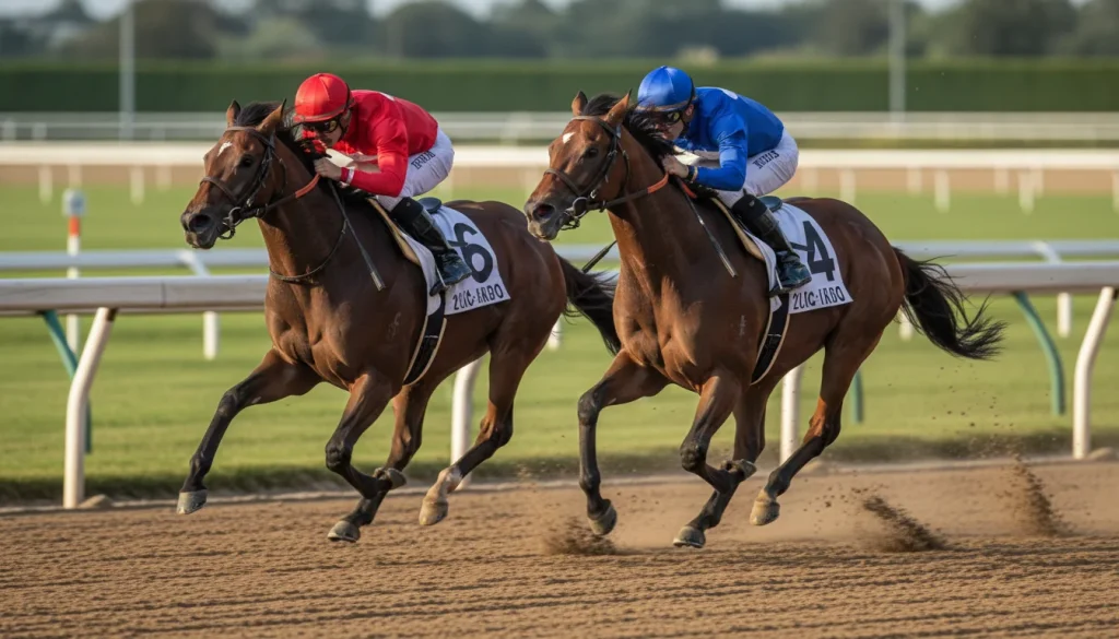 Due cavalli da corsa appaiati al galoppo su pista durante una gara ippica