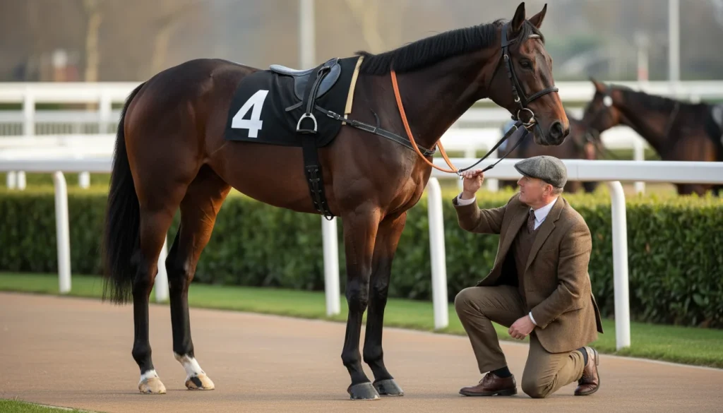 Primo piano di un cavallo da corsa al paddock mentre un uomo esamina la sua forma fisica