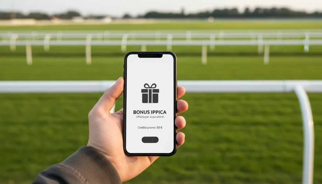 Mano che tiene uno smartphone con offerta bonus per scommesse ippiche