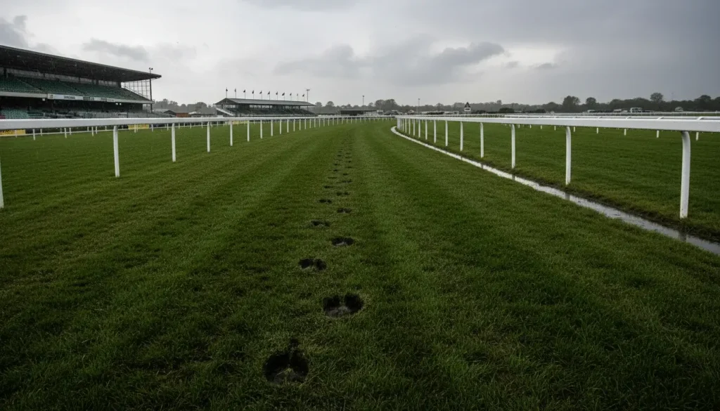 Pista di ippodromo dopo la pioggia con terreno pesante e cielo nuvoloso