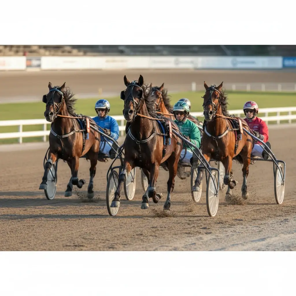 Tre cavalli da corsa al trotto in volata ravvicinata su pista dell
