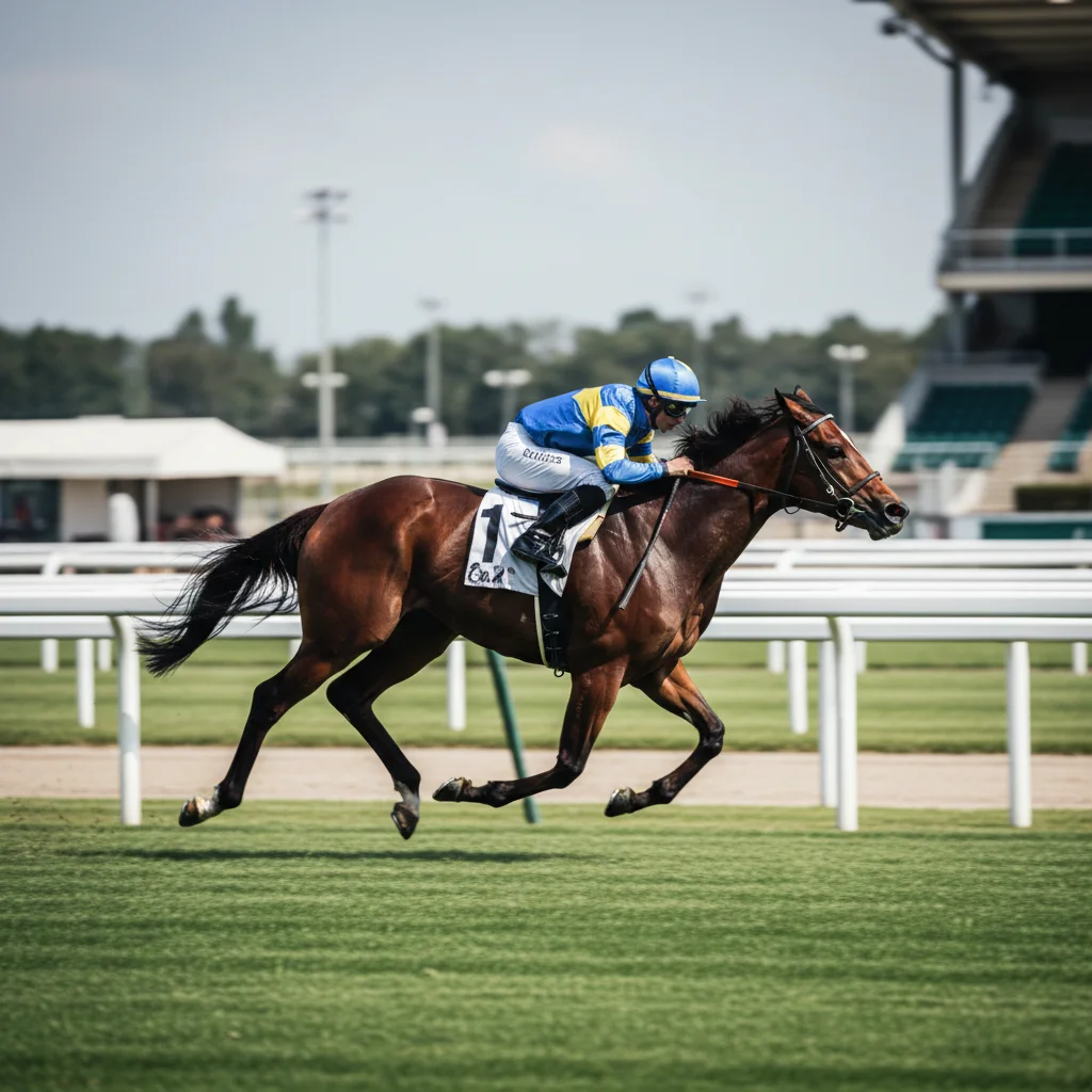 Fantino su cavallo purosangue al galoppo durante una corsa in piano