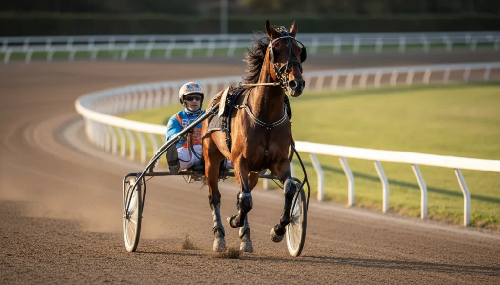 Cavallo al trotto con sulky e driver su pista ovale di ippodromo italiano