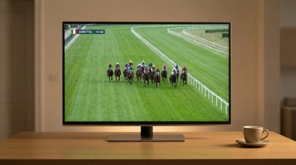 Schermo con diretta streaming di una corsa di cavalli all