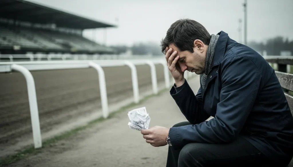 Uomo pensieroso con la mano sulla fronte davanti a una ricevuta di scommessa ippica