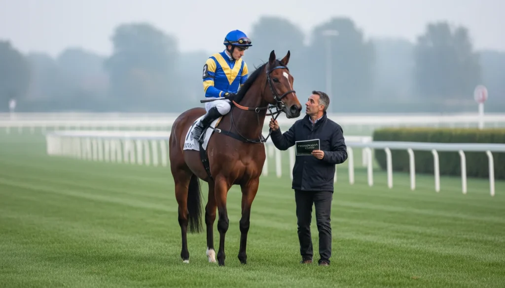 Fantino in sella a un cavallo da corsa che parla con l