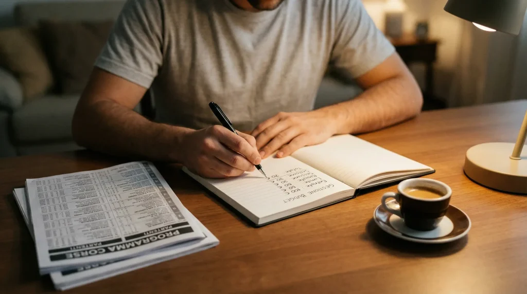 Persona seduta alla scrivania che pianifica il budget su un blocco note con il simbolo €