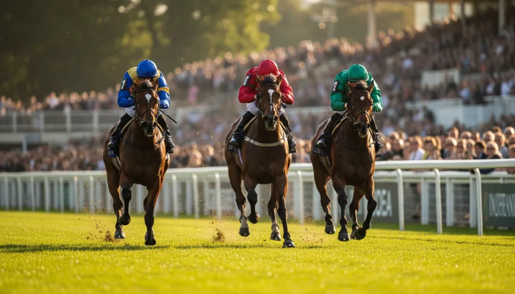 Cavalli al galoppo durante una grande corsa ippica internazionale con tribune affollate