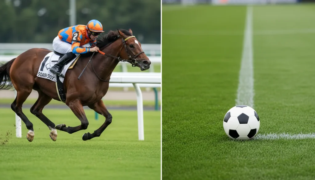 Cavallo al galoppo accanto a un campo da calcio, confronto tra sport e scommesse