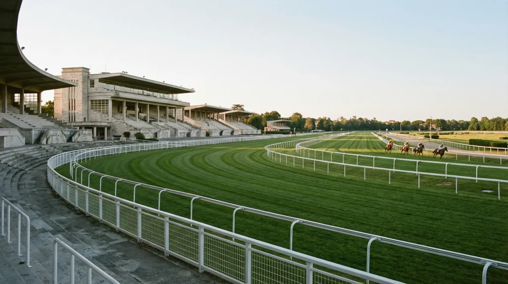 Vista panoramica di un ippodromo italiano con pista in erba e tribune