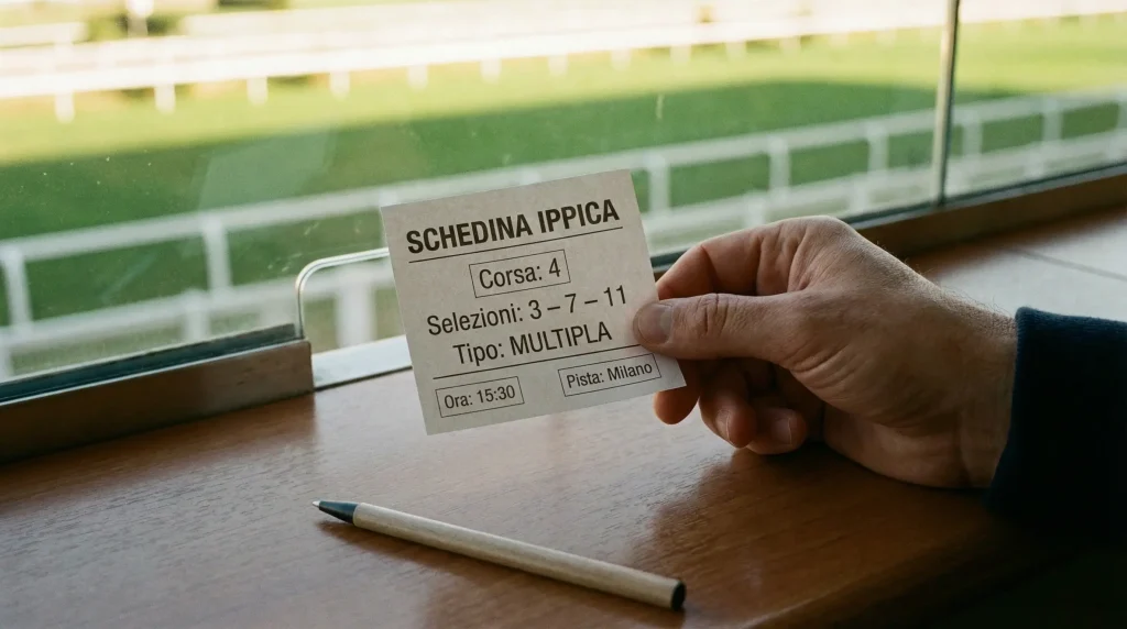 Mano di uno scommettitore che tiene una schedina delle scommesse ippiche all