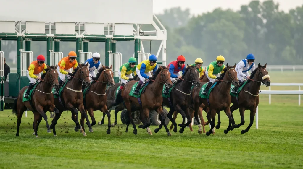 Campo di cavalli al galoppo in partenza su pista ippica con fantini in sella