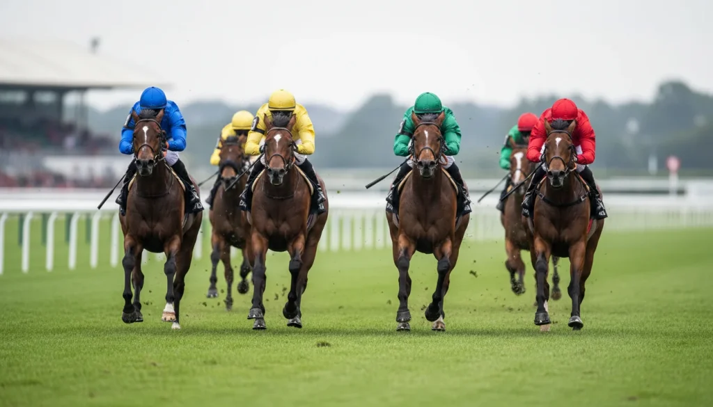Gruppo di cavalli da corsa ravvicinati in volata verso il traguardo su pista in erba