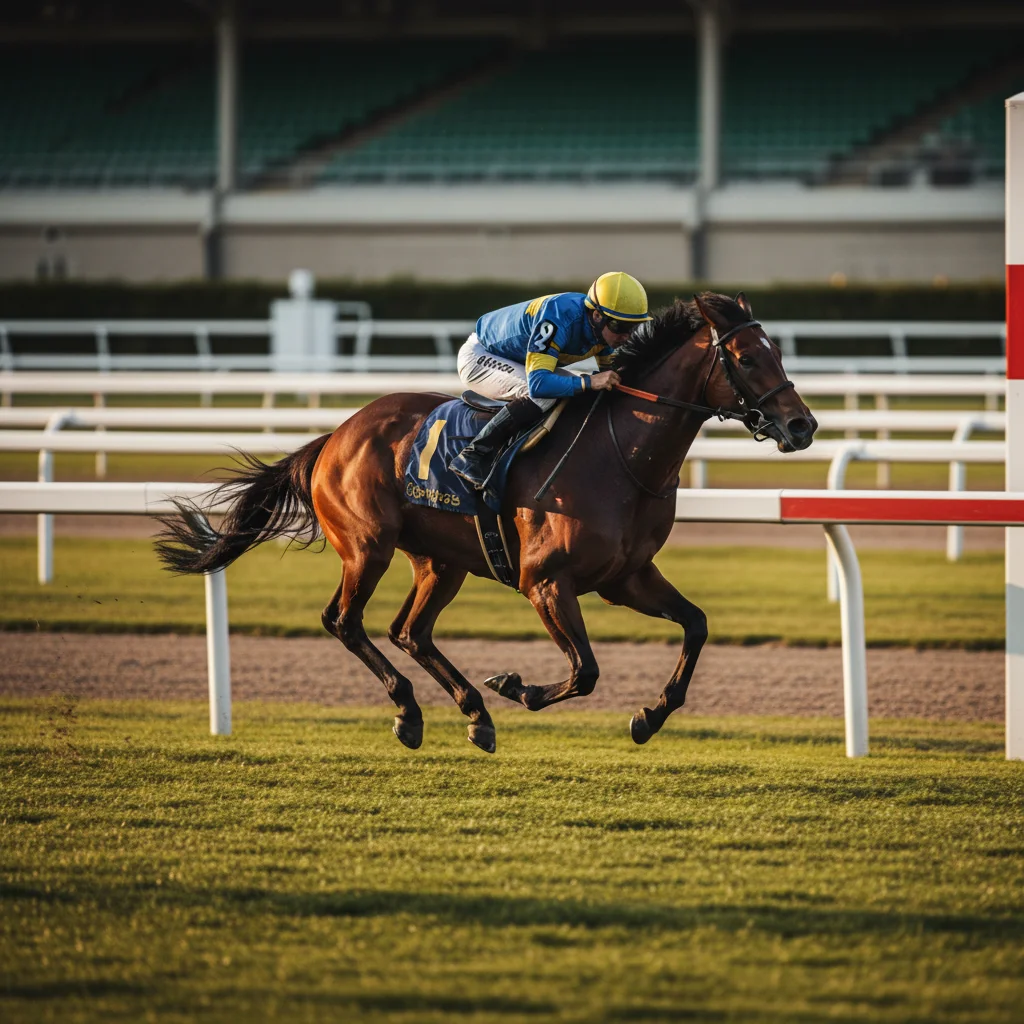Cavallo da corsa al galoppo che taglia il traguardo per primo in una gara ippica