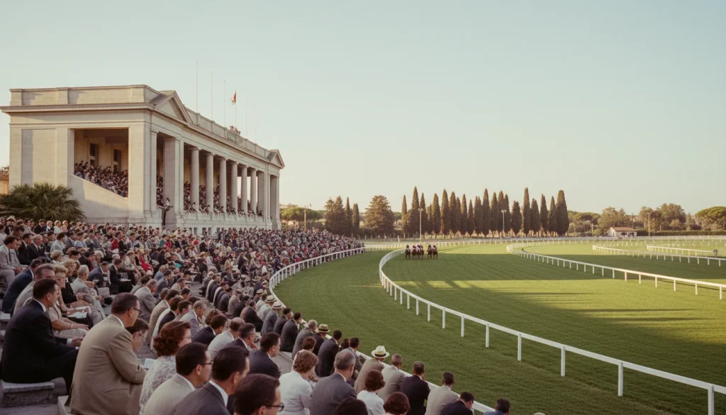 Ippodromo italiano storico con tribune e pubblico degli anni Cinquanta