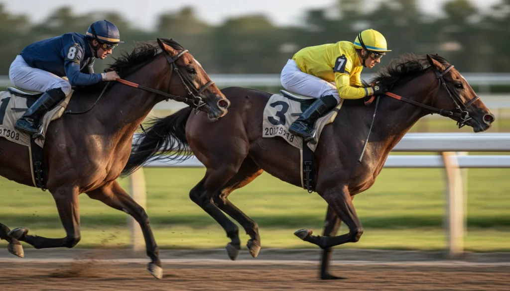 Due cavalli da corsa in duello ravvicinato al galoppo su pista ippica
