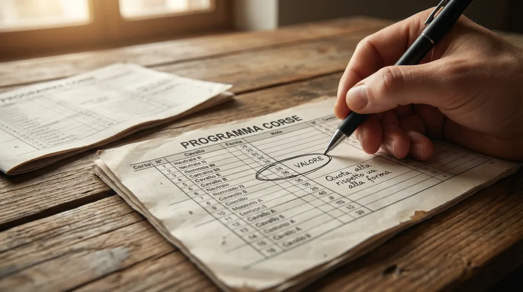 Mano che segna con una penna le quote su un programma di corse dei cavalli stampato